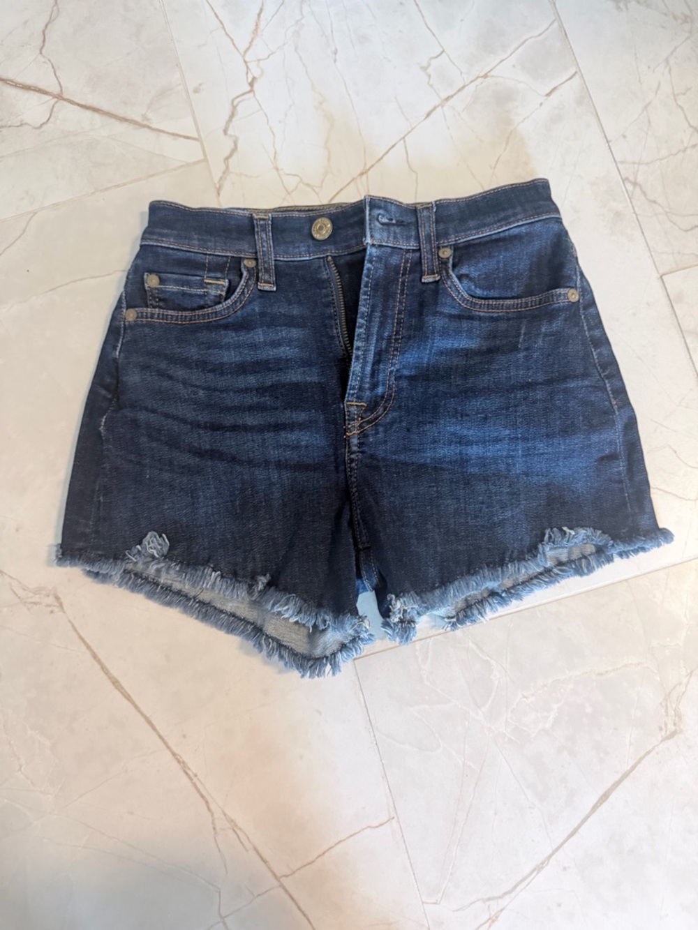7 For All Mankind Dark Blue Distressed Denim Cutoff Shorts
